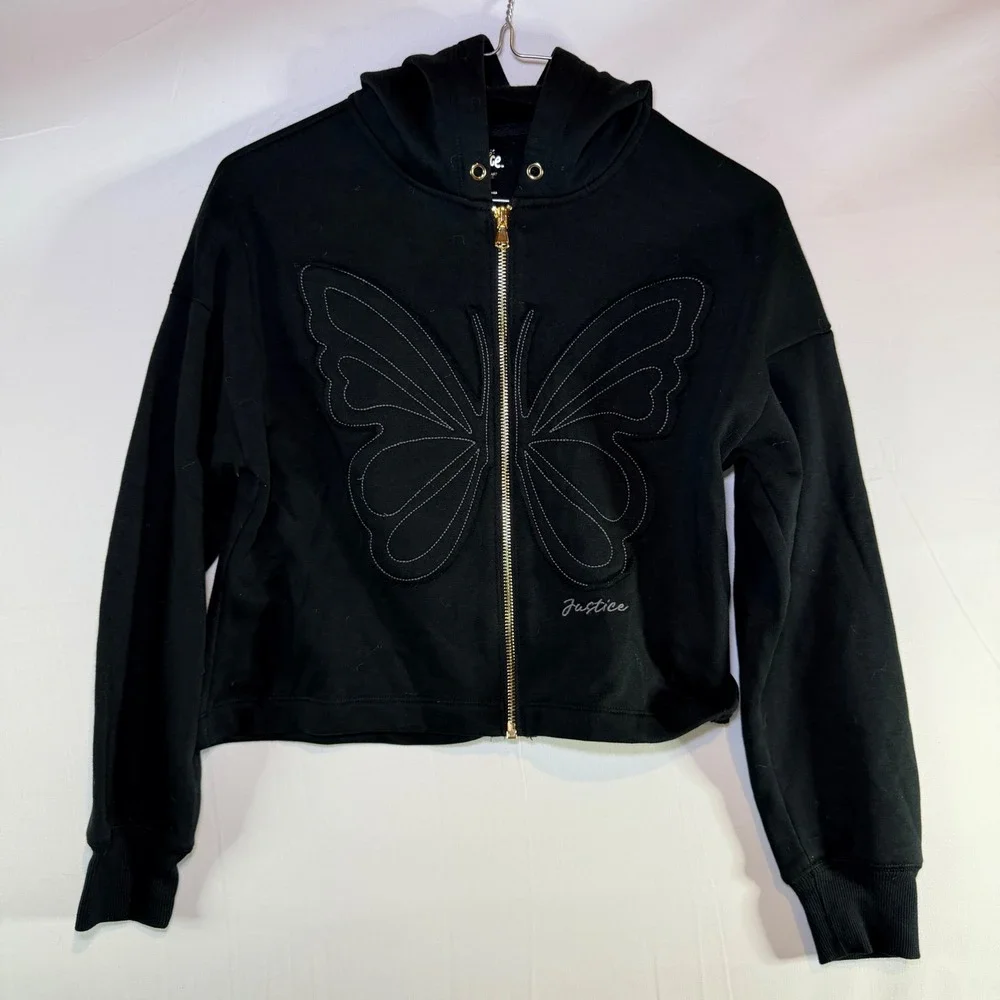 Justice Girls Black Butterfly Zip Up Hoodie Cropped Sweatshirt Size M 10
